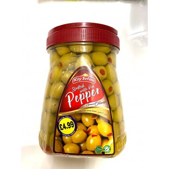 Koy Sefasi Green Olives Stuffed With Red Pepper Drained Weight 800g Net Weight 1600g SAMA FOODS ENFIELD UK