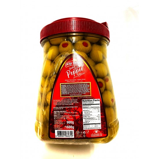 Koy Sefasi Green Olives Stuffed With Red Pepper Drained Weight 800g Net Weight 1600g SAMA FOODS ENFIELD UK